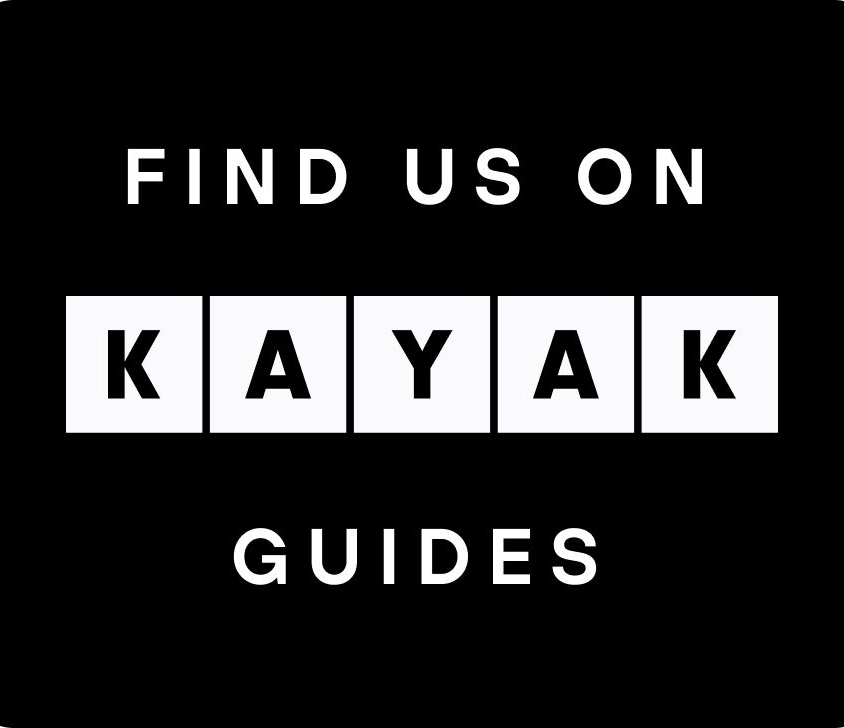 Black screen reading “Find us on KAYAK Guides” with KAYAK in white blocks
