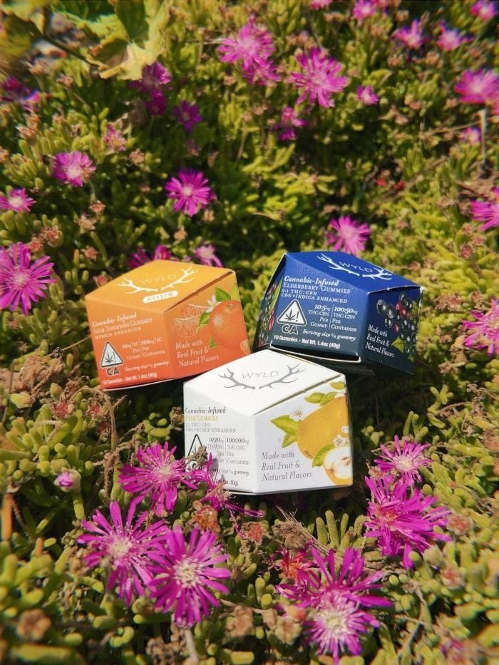 Three boxes are sitting on top of each other in a field of flowers.