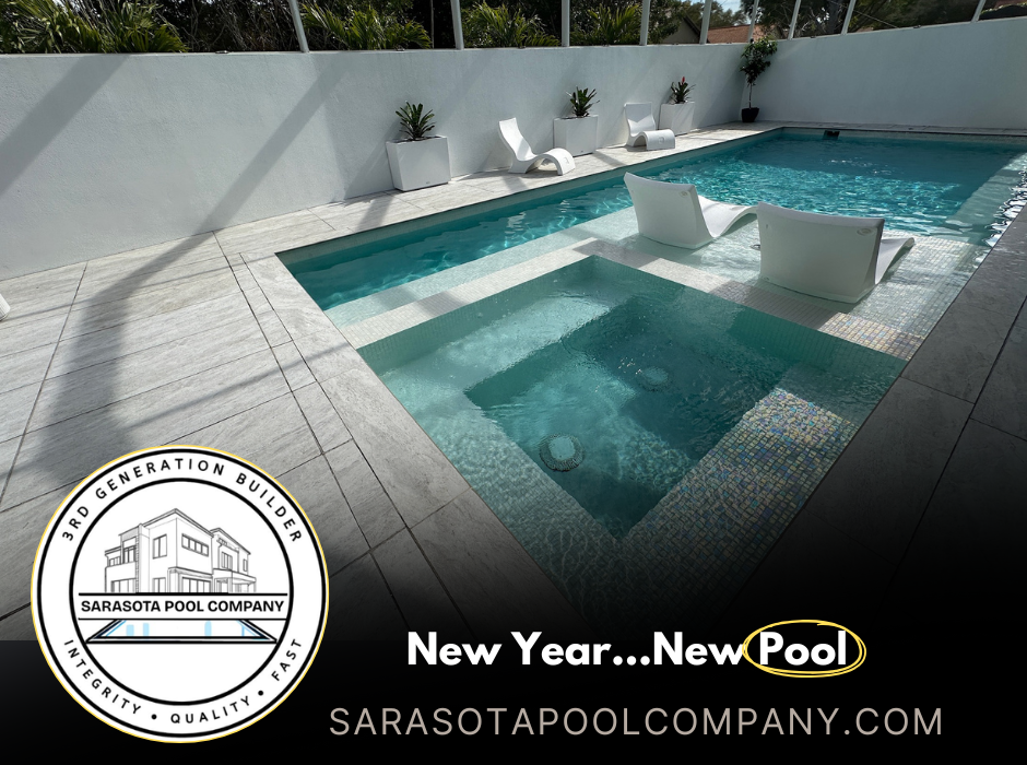 Modern backyard pool and spa with white lounge chairs and turquoise water, captioned “New Year...New Pool”