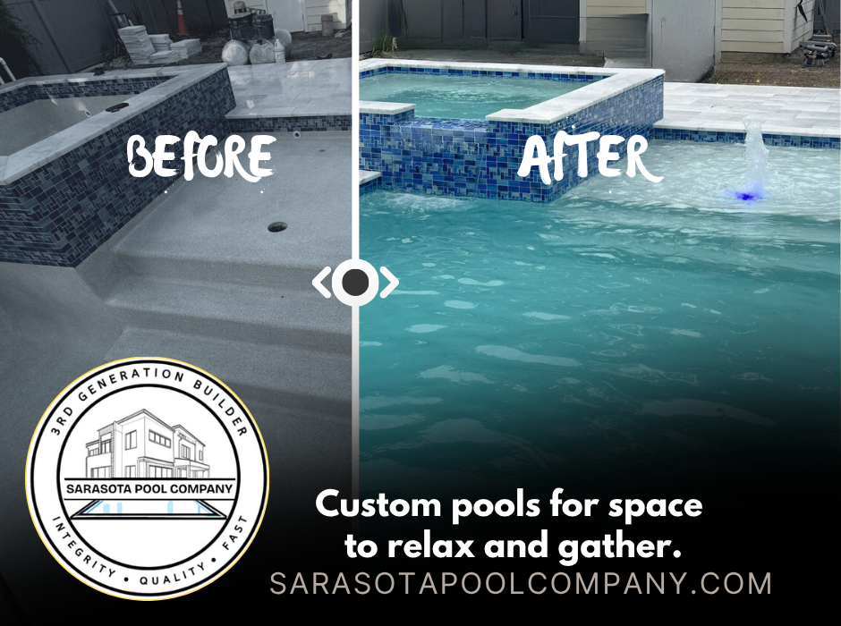 Before-and-after pool remodel: gray unfinished pool changed to clear blue pool with custom landscaping.