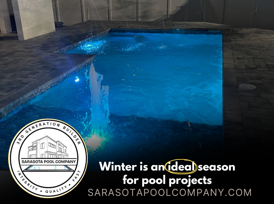 Blue-lit backyard pool at night with text: “Winter is an ideal season for pool projects.”