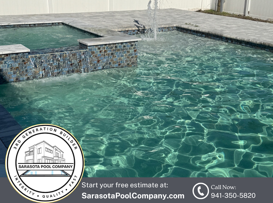 Luxury pool with raised spa, blue tile, and SarasotaPoolCompany.com branding overlay