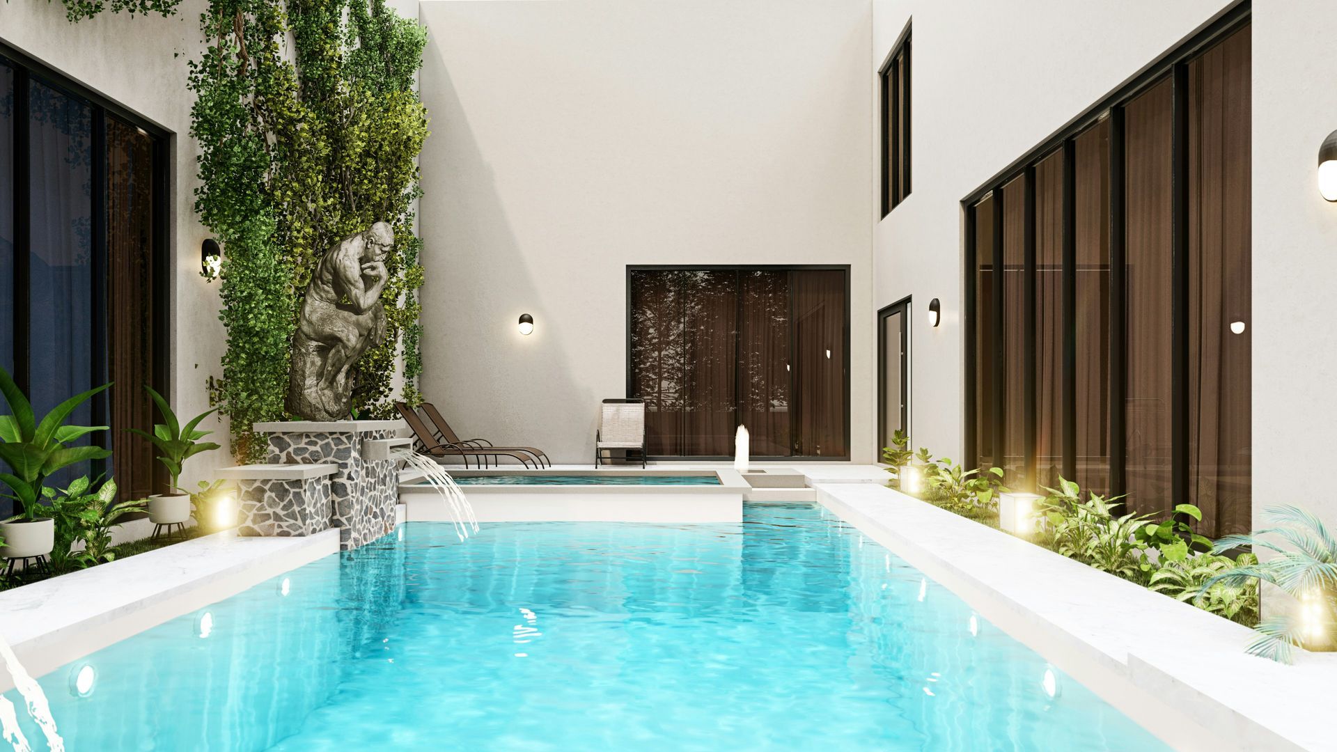 Modern courtyard pool with turquoise water, white walls, and lush greenery in a sleek open-air home.