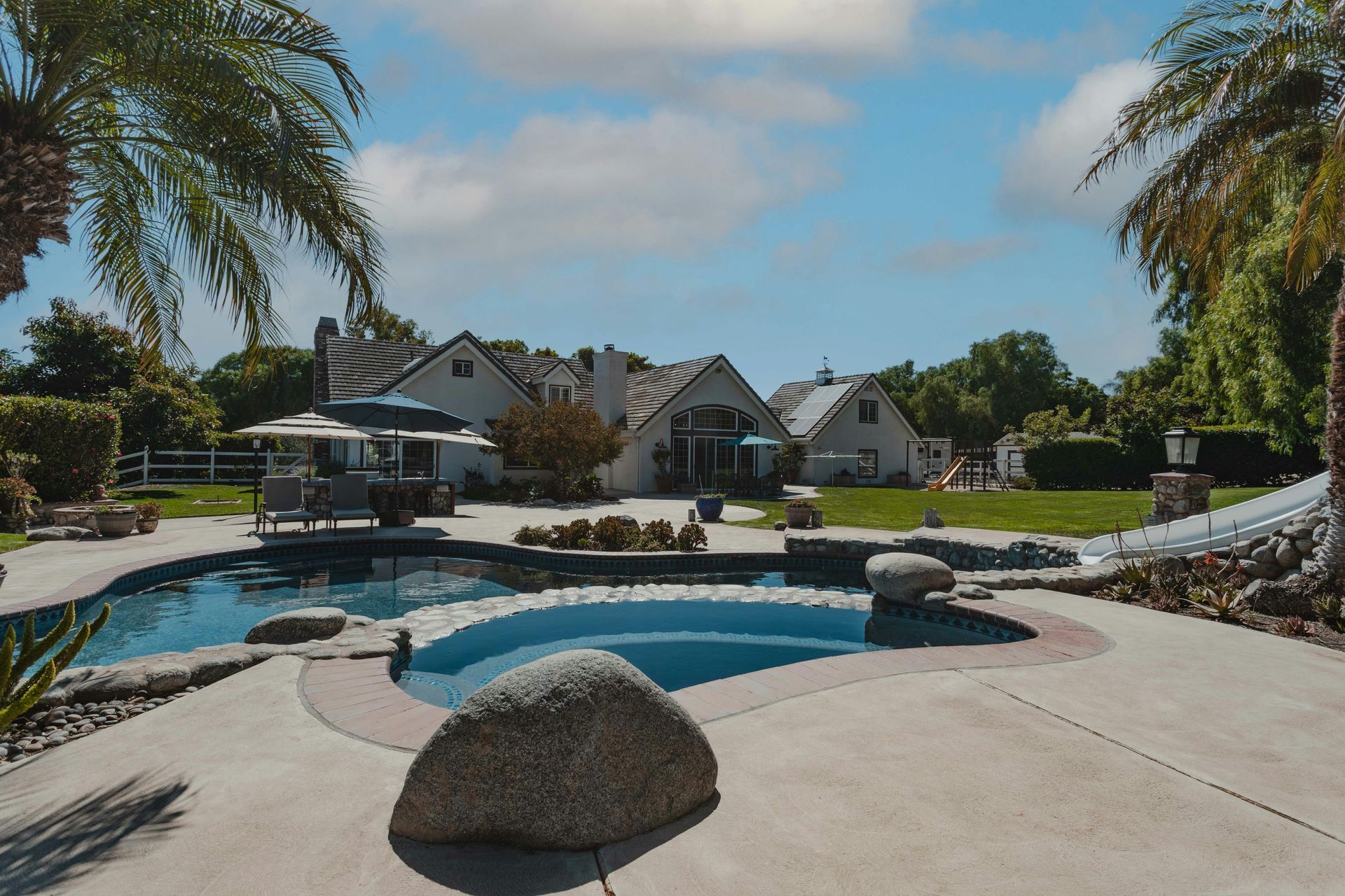Backyard pool with palm trees, curved stone patio, and houses in the background