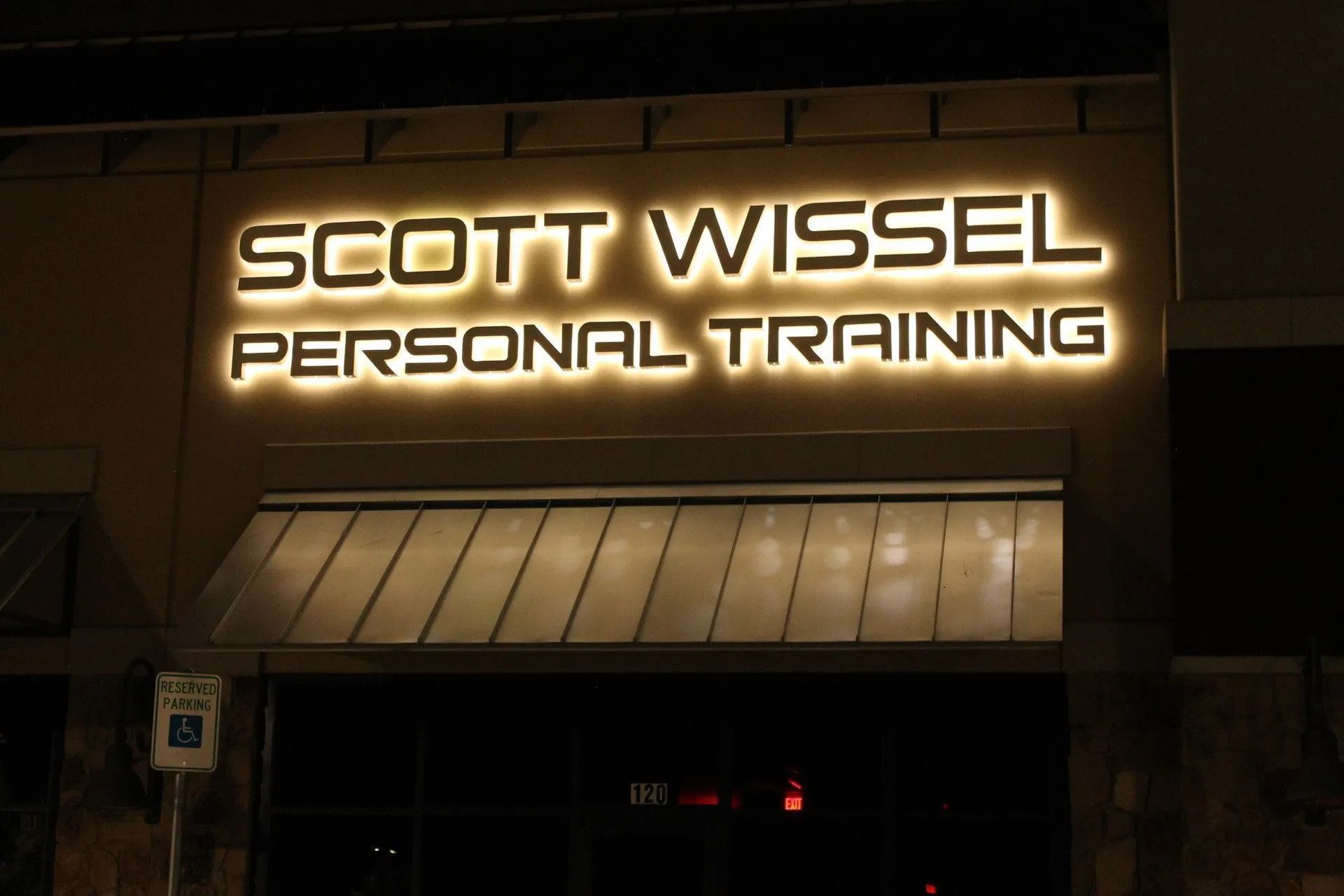 Reverse lit channel letters for scott wissel personal training