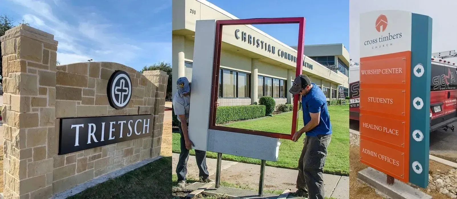 a man is holding a sign in front of a building .