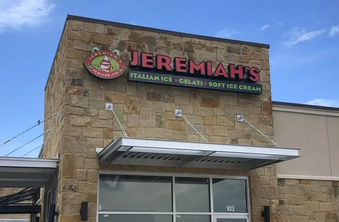 Front lit channel letters and logo on raceway installed on building for Jeremiah's Italian Ice