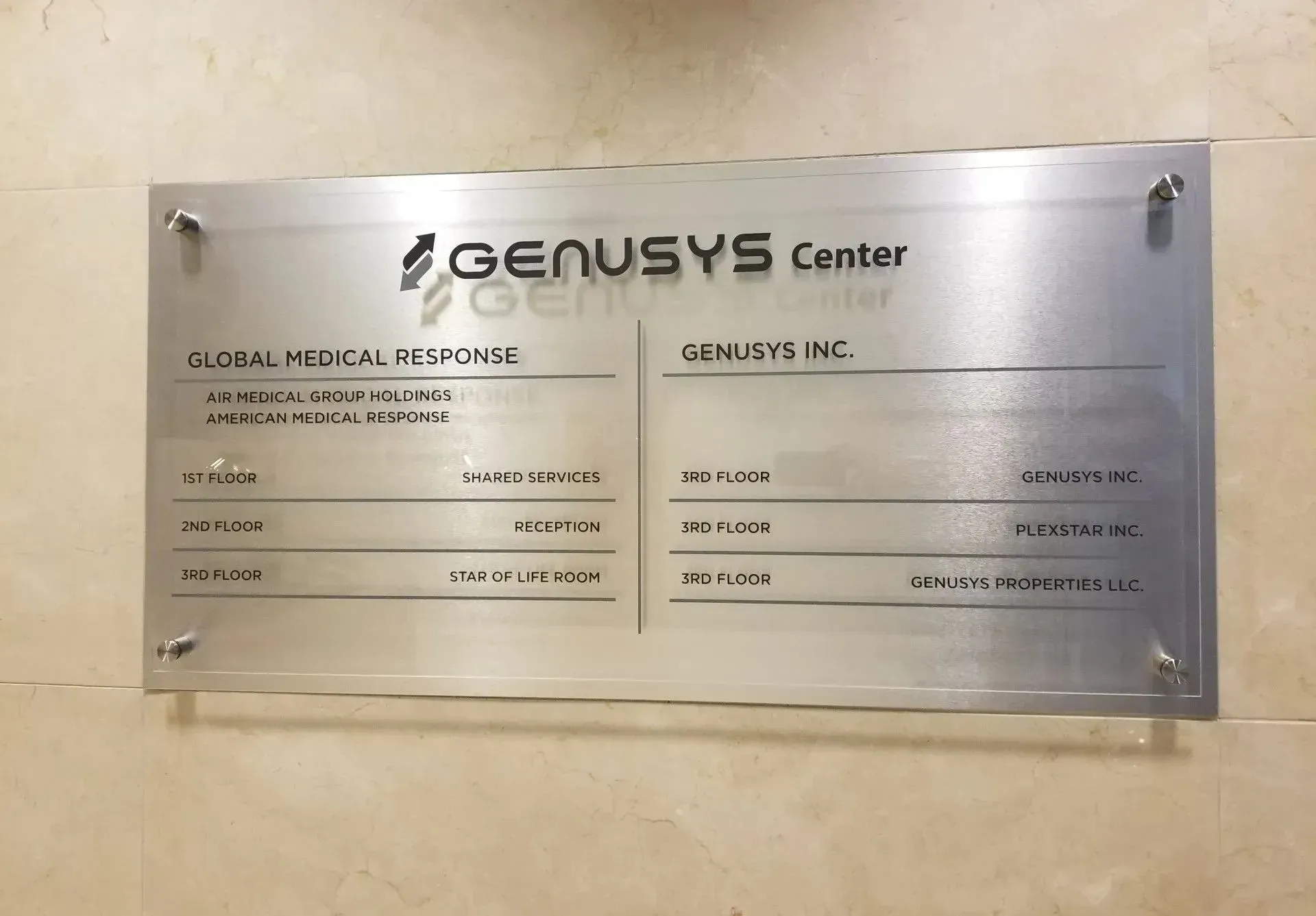 brushed aluminum office directory sign with vinyl graphics installed with standoffs
