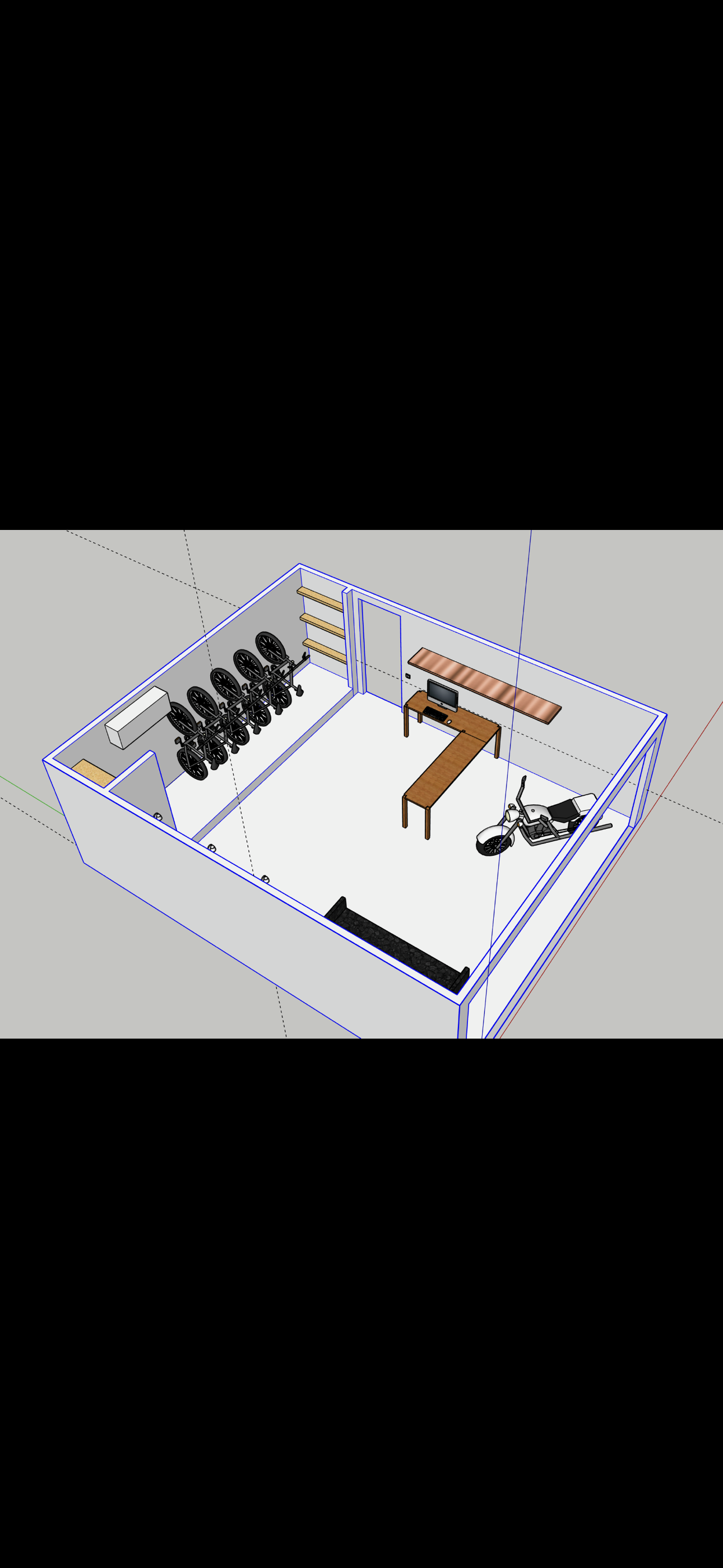 3D rendering of a home gym with weights, a bench, and other exercise equipment.
