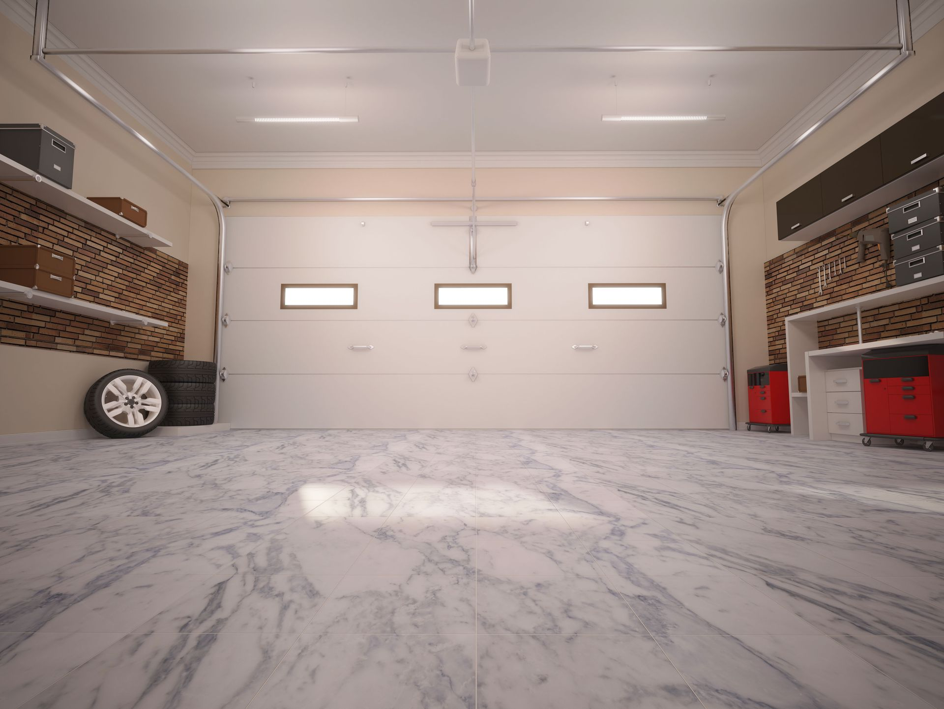 Garage interior with open garage door, marble floor, shelves, and red storage containers.