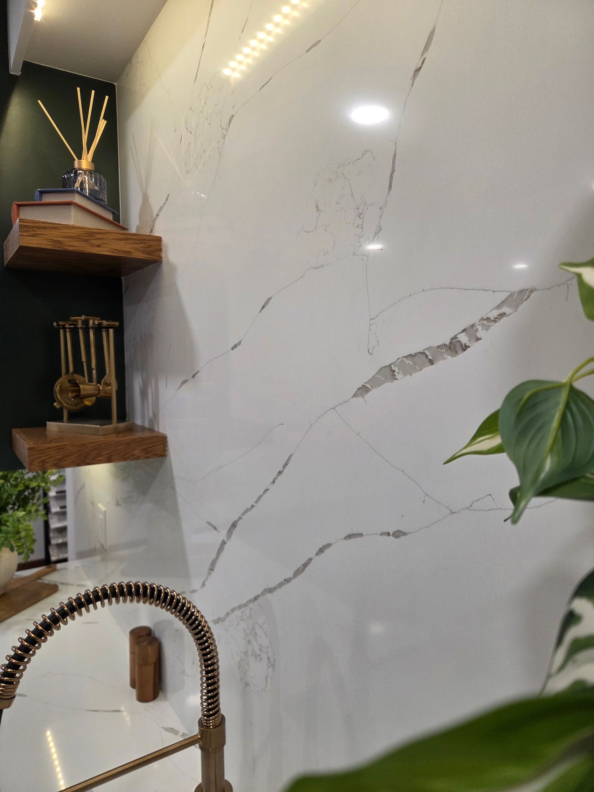 Modern kitchen with marble backsplash, open wooden shelves, and a spring faucet beside a green plant.