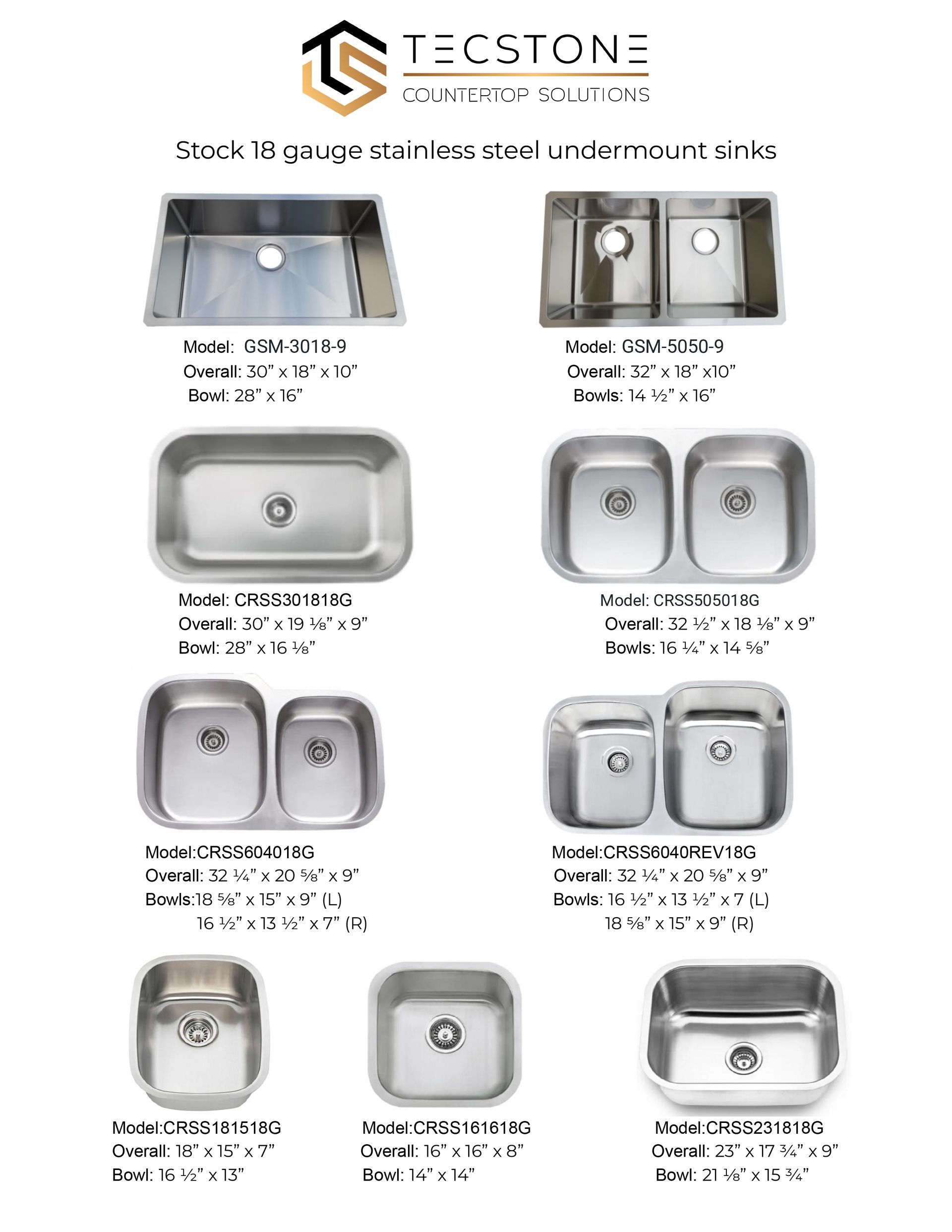 Catalog of stainless steel sink options and layouts with a TECSTONE logo and labels