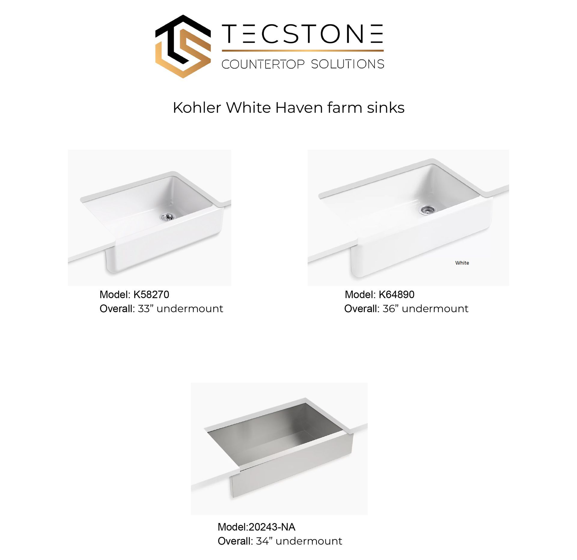 Tecstone product sheet showing three Kohler Whitehaven farm sinks in white and stainless steel