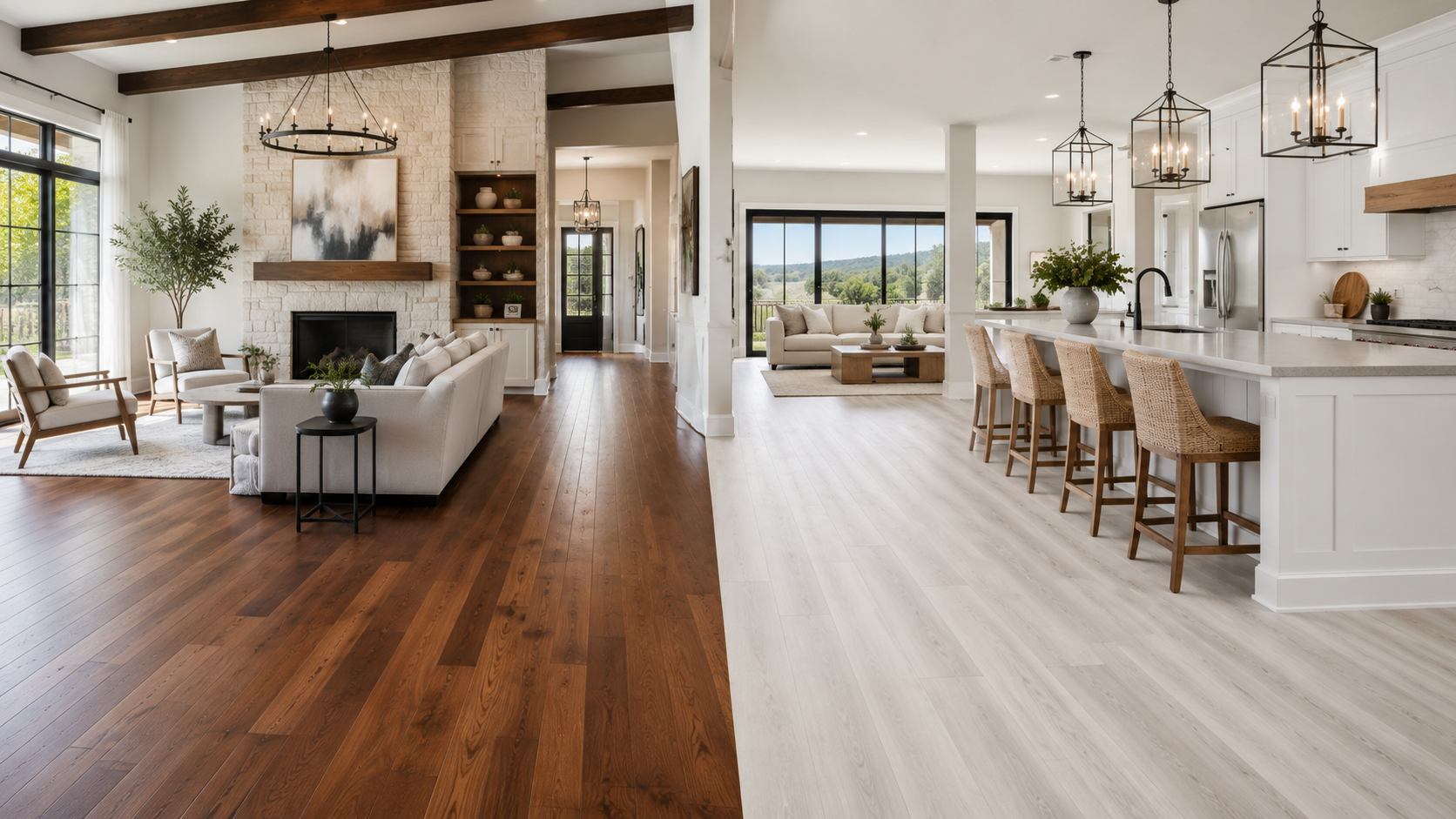 Open-concept living and kitchen with exposed beams, warm wood floors, and bright white cabinetry