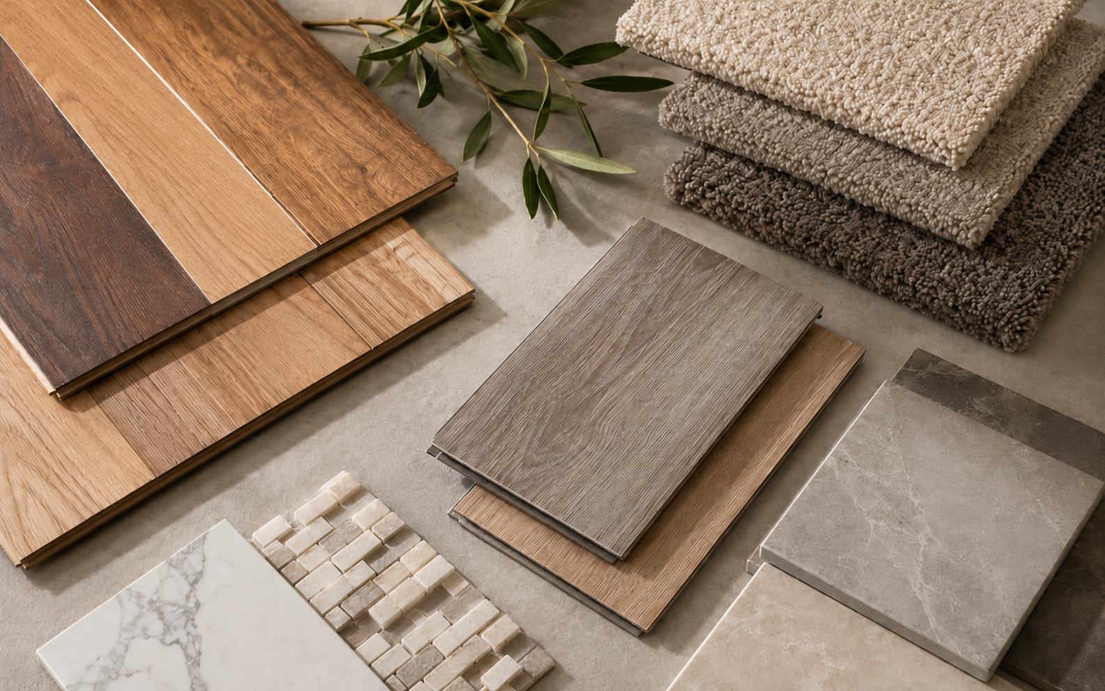 Hardwood, luxury vinyl plank, carpet, and tile flooring samples arranged for comparison in a Leander