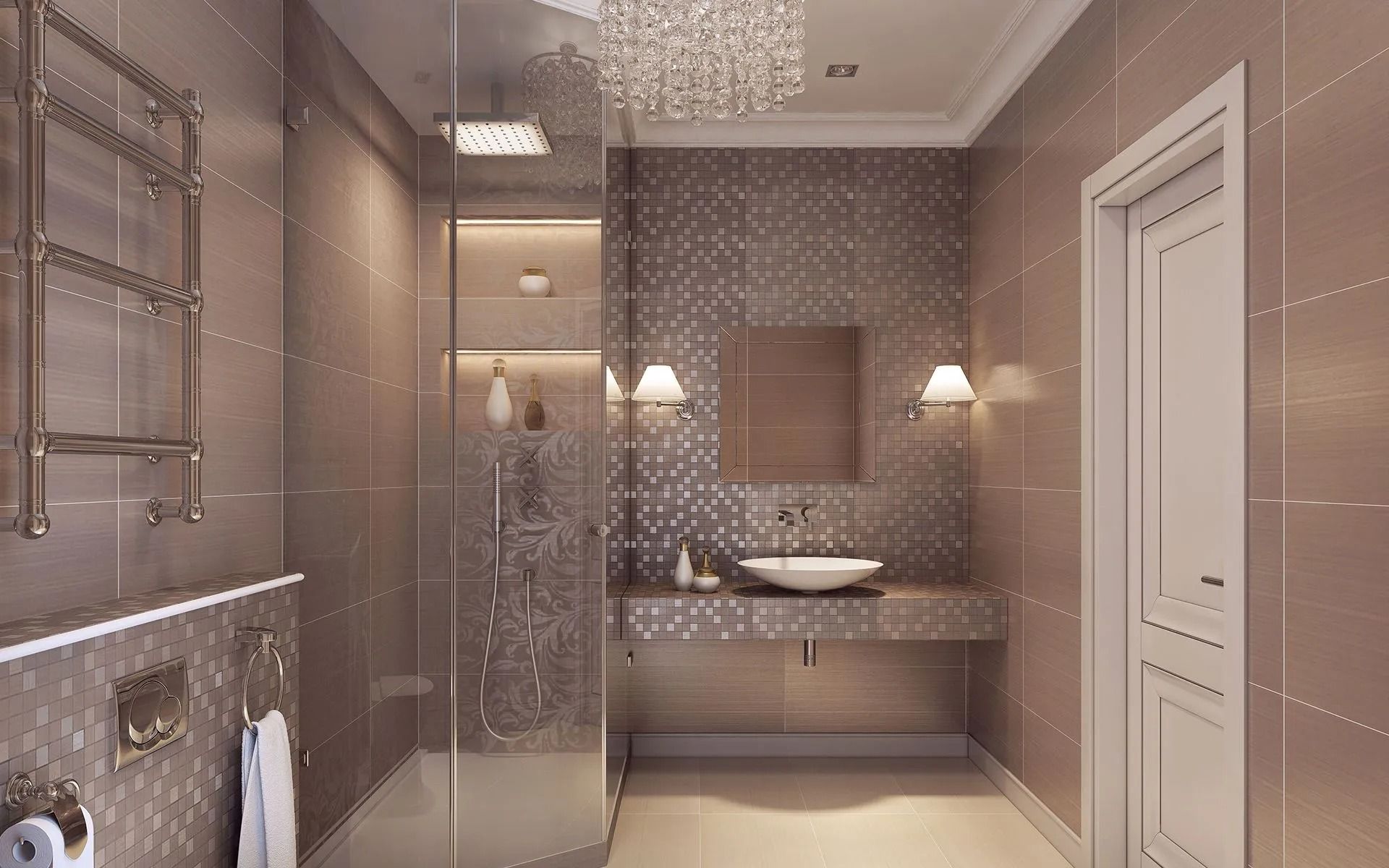 Elegant beige bathroom with mosaic walls, vanity sink, shower, and mirrored cabinets