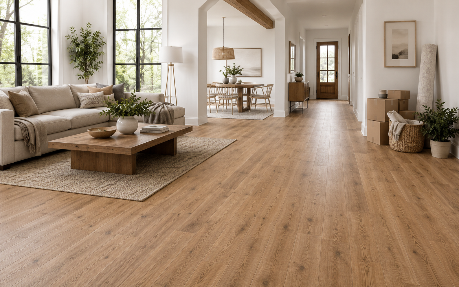 New engineered hardwood flooring in a bright Central Texas home before move-in, with living room, dining area, hallway, and moving boxes.