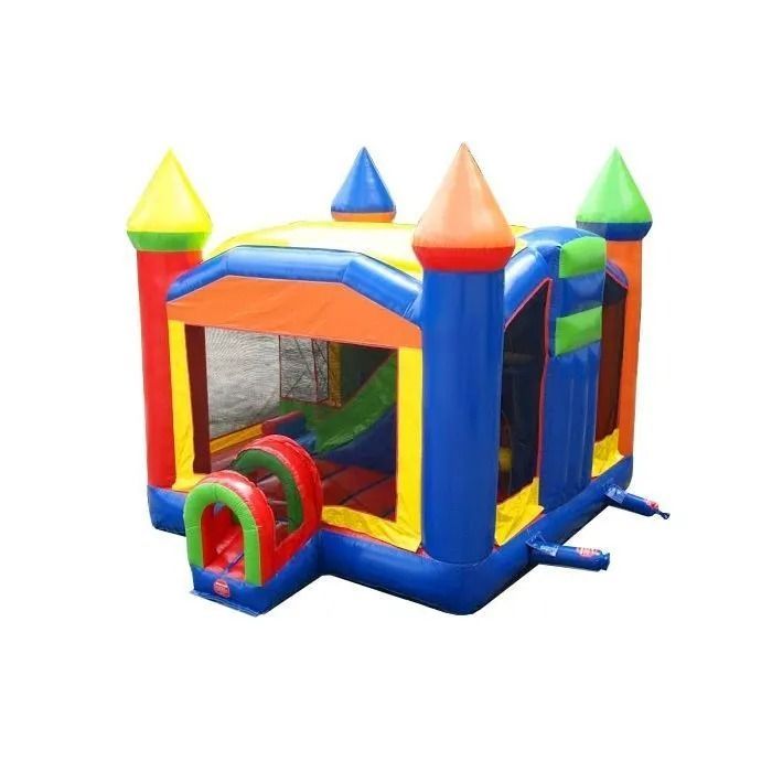 Colorful inflatable bounce house with slide and tunnel.