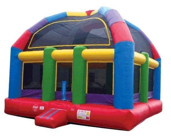 Colorful inflatable bounce house with mesh windows and a dome roof.