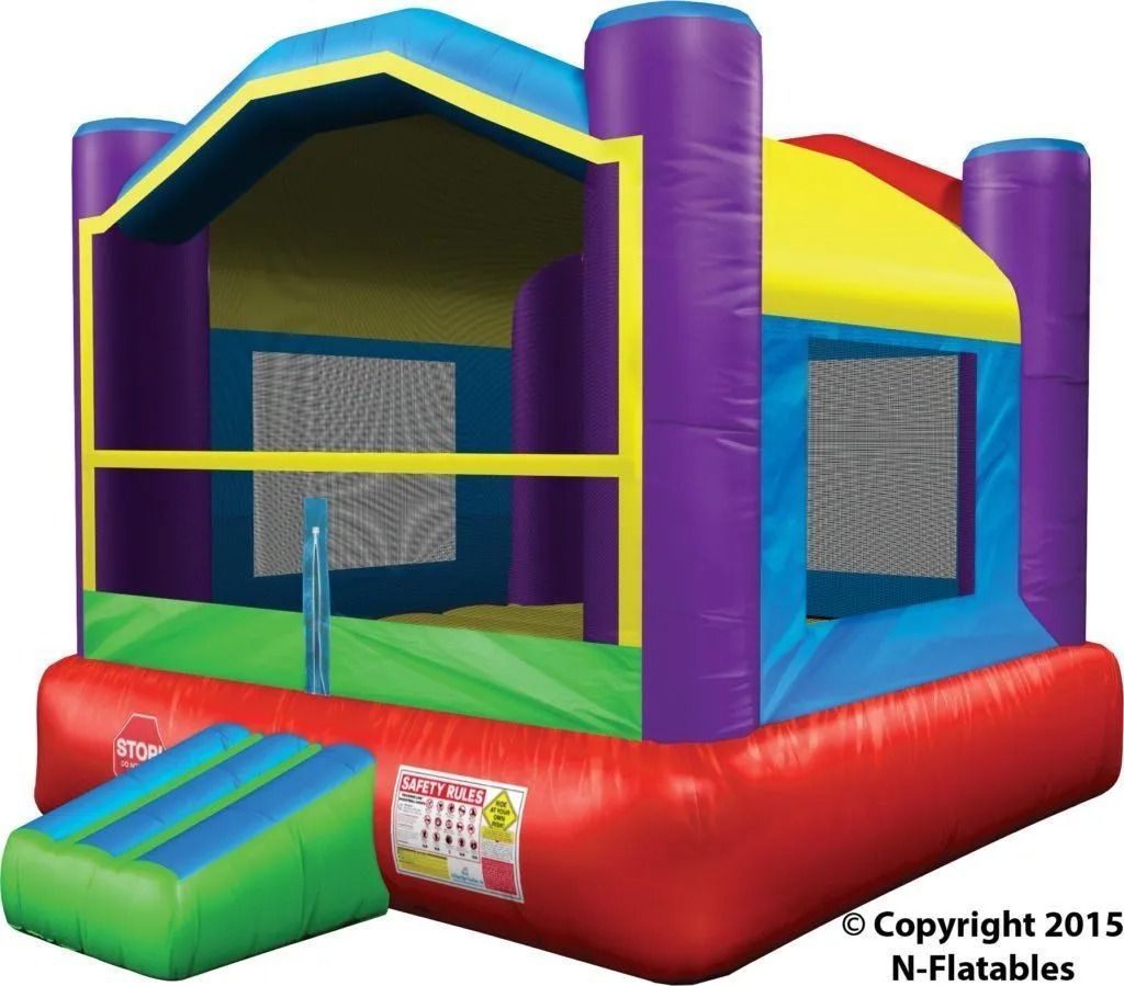 Colorful inflatable bounce house with mesh windows and slide, ready for use.