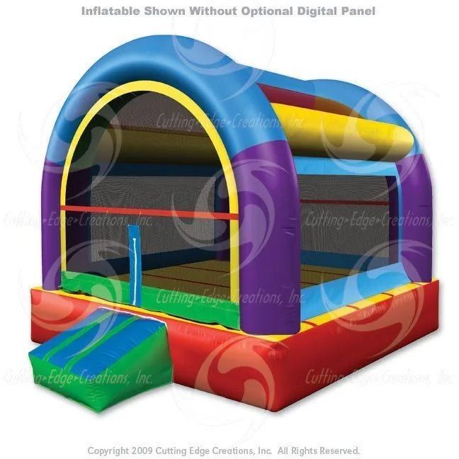 Colorful inflatable bounce house with a small slide, netting, and an arch.