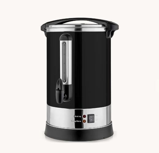Black and silver electric hot water urn with a water level gauge and control panel.