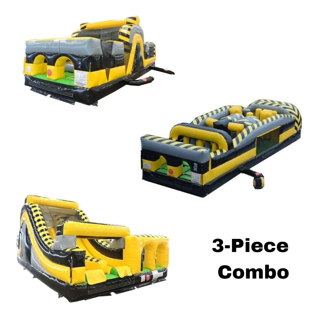 Three-piece inflatable obstacle course combo with yellow and gray accents.