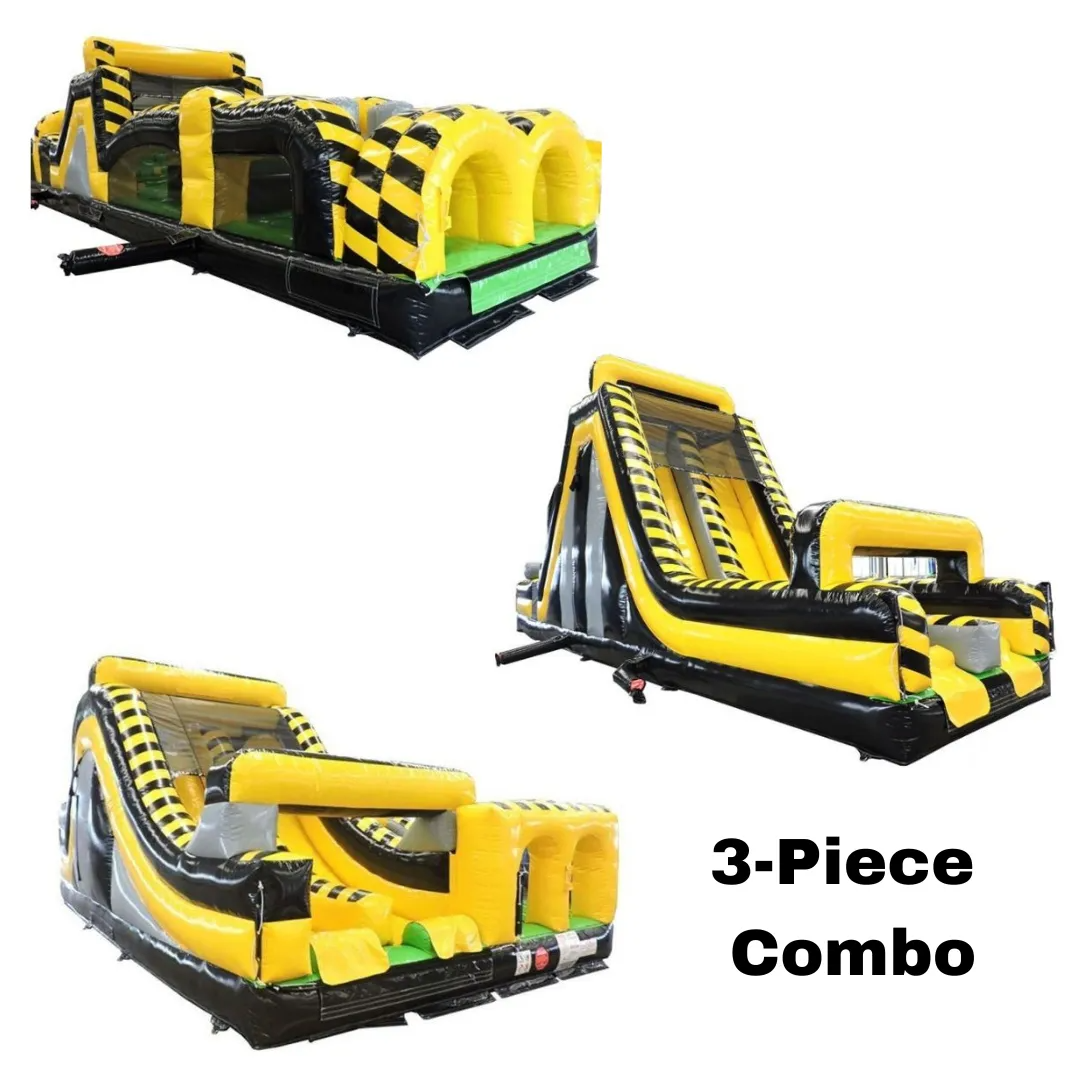 Three inflatable, yellow and black obstacle course pieces, labeled "3-Piece Combo."