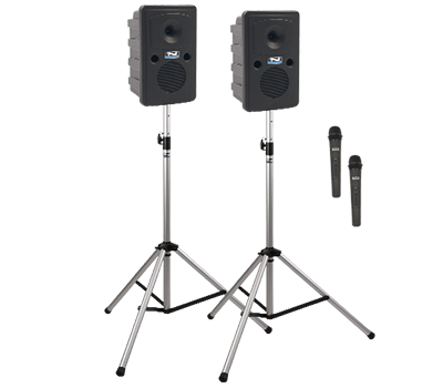Two black speakers on silver stands, two microphones.