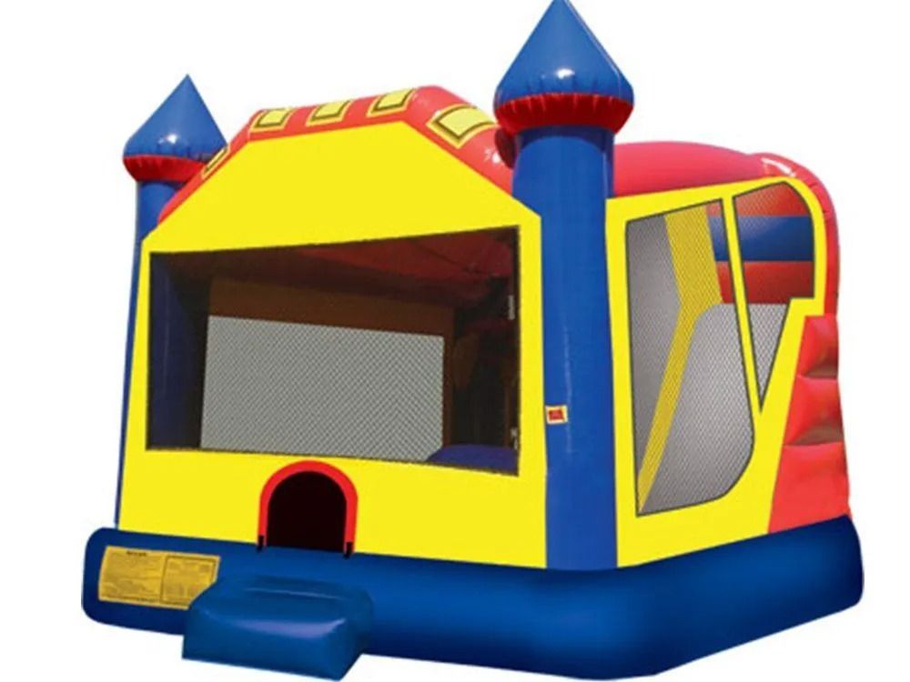 Colorful inflatable bounce house, blue, yellow, and red with mesh windows and turrets.