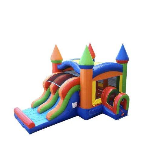 Inflatable castle-themed bounce house with a slide and tunnel, featuring orange, blue, and green.