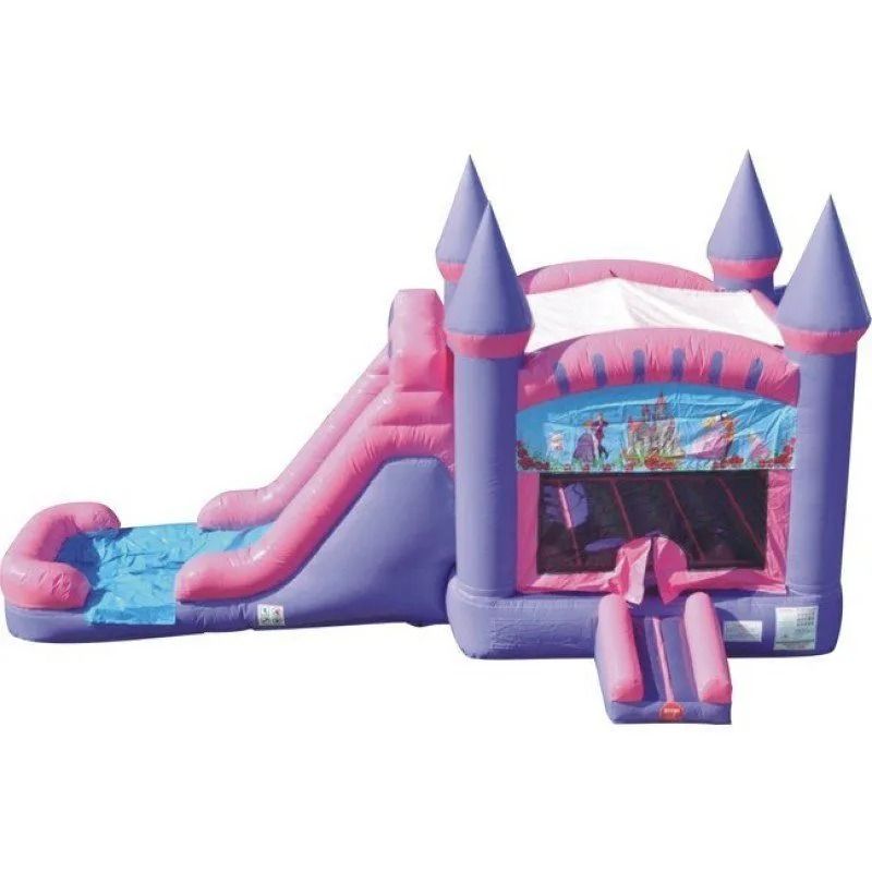 Pink and purple inflatable castle bounce house with a slide; outdoors.