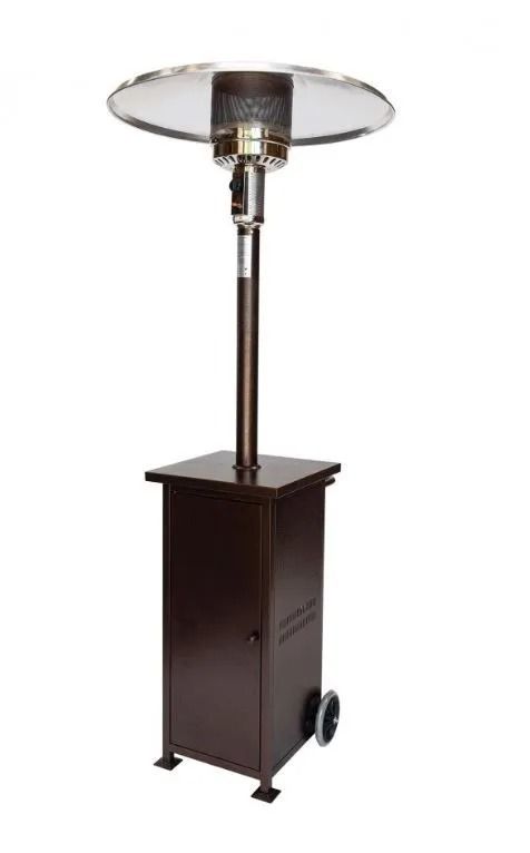 Outdoor patio heater with brown base, pole, and reflector, on wheels.