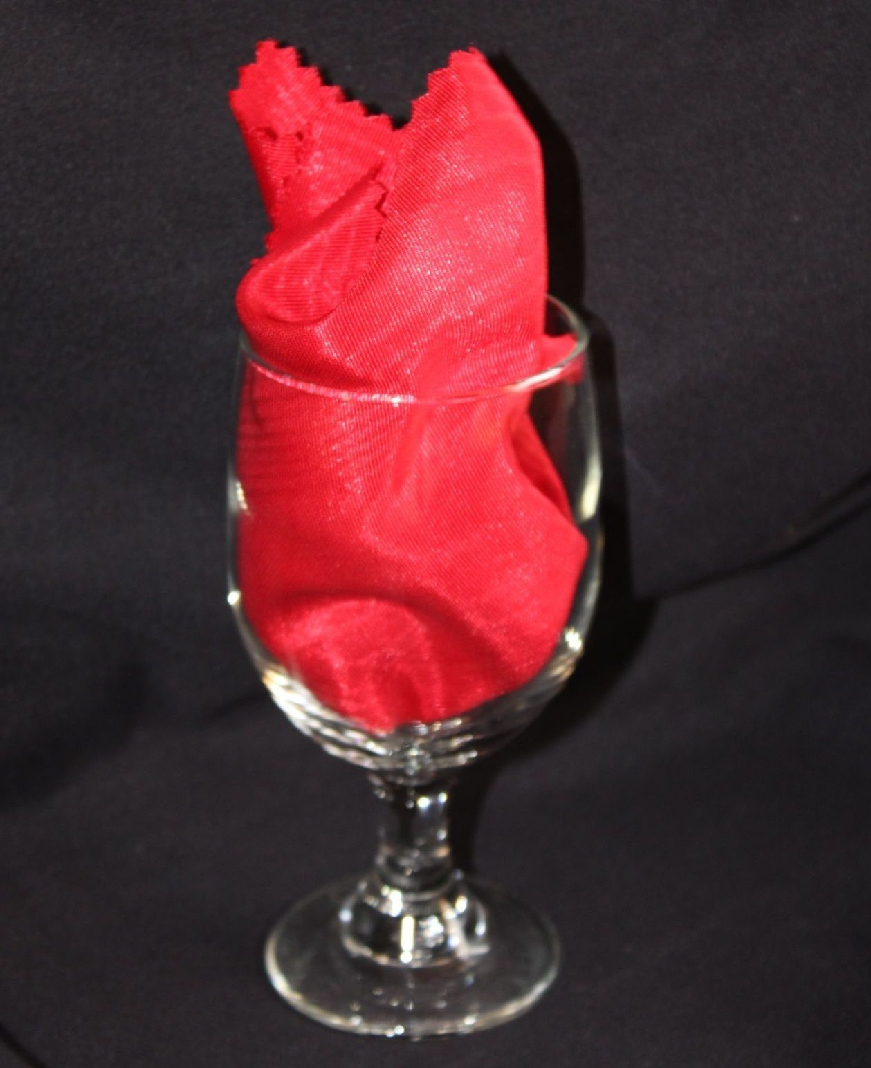 Red napkin artfully arranged in a clear wine glass, set against a dark background.