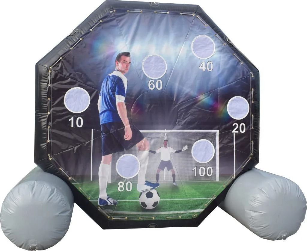 Inflatable soccer game target with player kicking ball towards the goals with point values.
