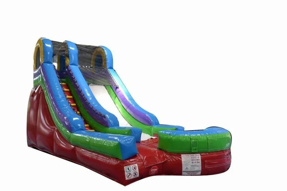 Inflatable water slide with red, blue, green, and purple colors against a white background.