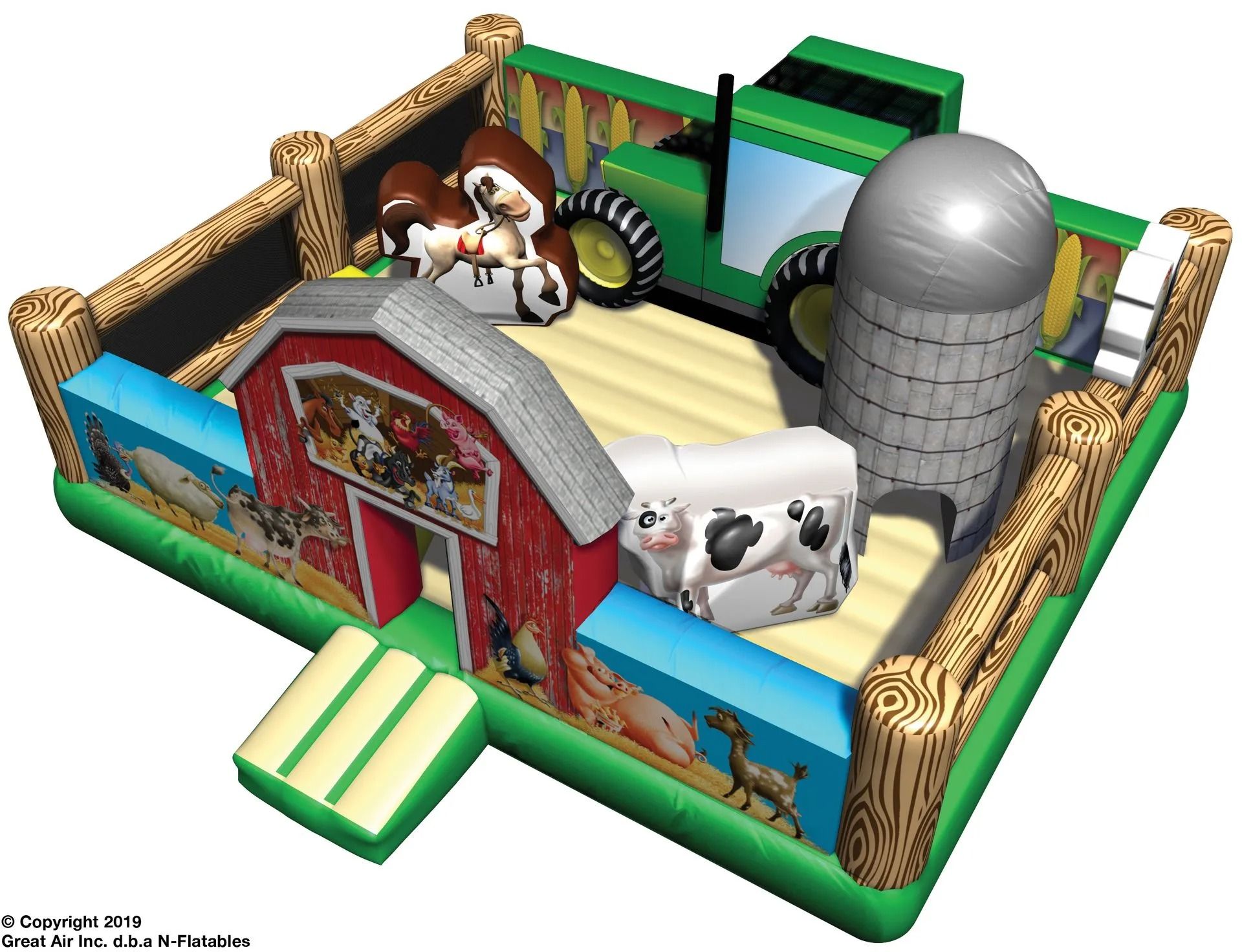 Inflatable farm-themed bounce house with a tractor, barn, silo, and cow figures.