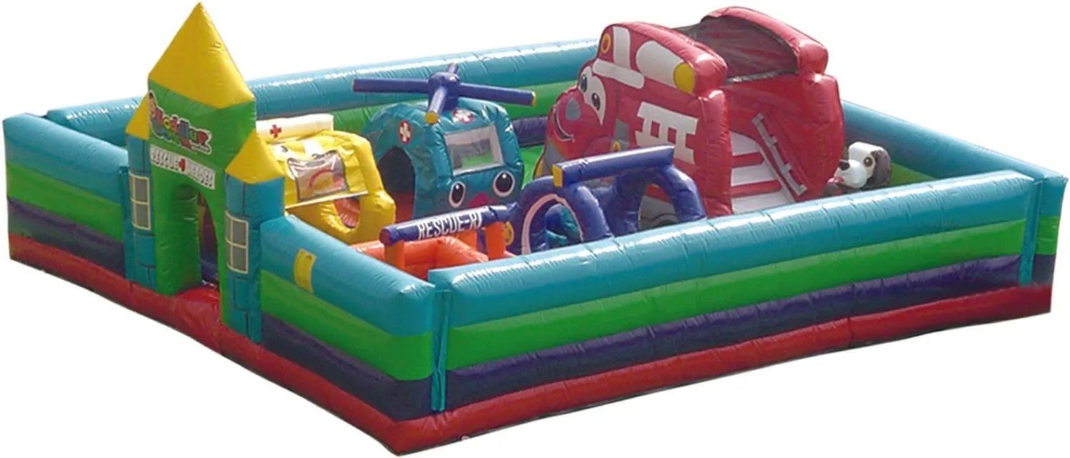 Inflatable play structure with various vehicle shapes; castle entry.