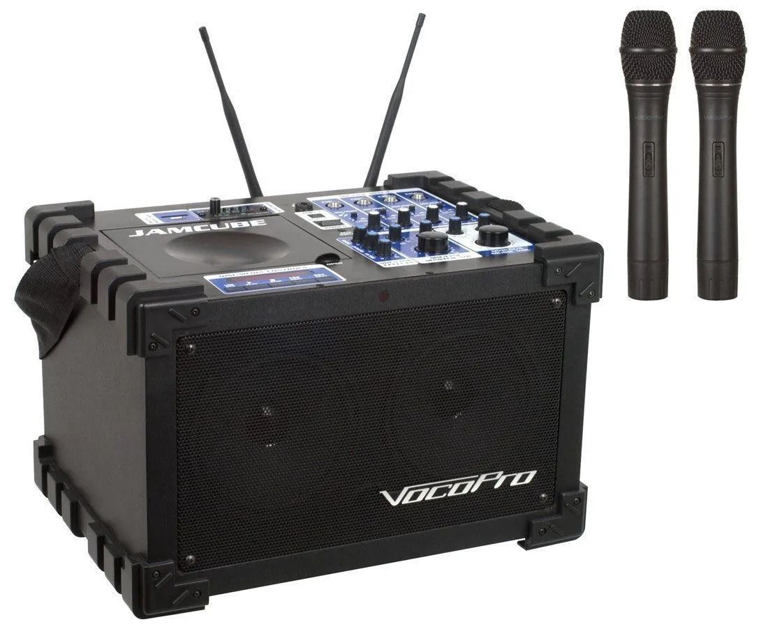 Black portable amplifier with two microphones.