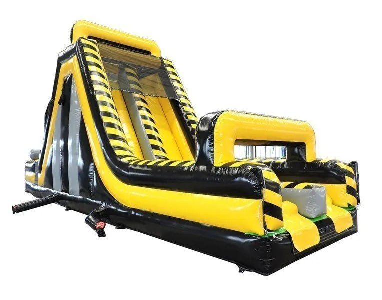 Yellow and black inflatable slide; hazard tape design.