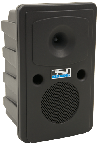 Black outdoor speaker with horn tweeter, woofer, and Anchor Audio logo.