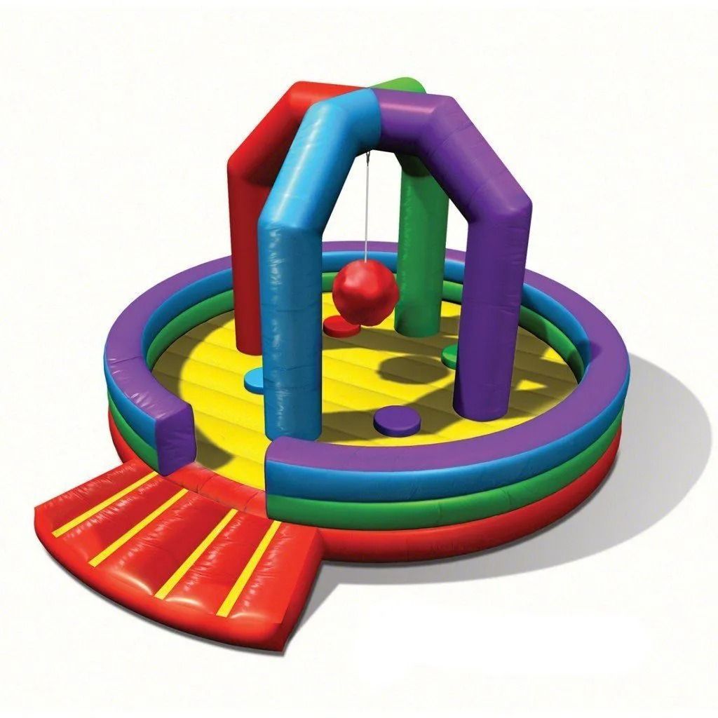 Inflatable play structure with colorful arches, ball, and steps.