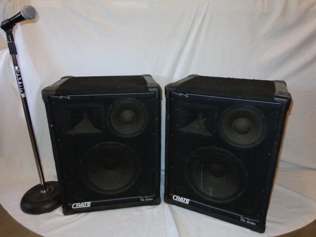 Two black speakers and a microphone stand on a white surface. The speakers have two speakers each.