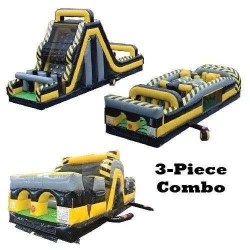 Three-piece inflatable obstacle course combo with yellow and black hazard stripes.