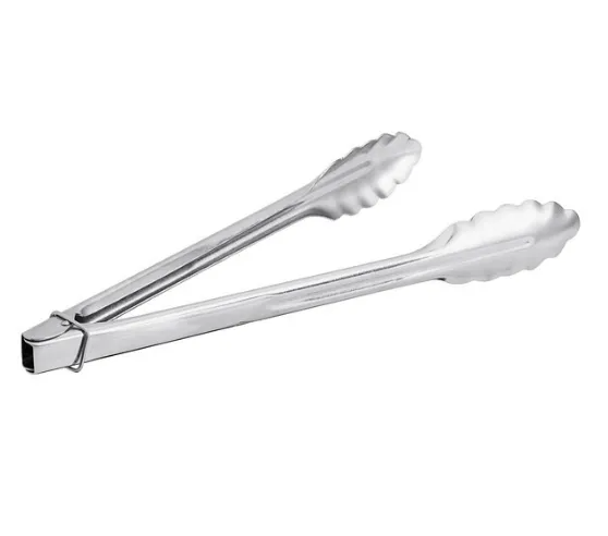 Metal tongs, opened, angled slightly towards the viewer.