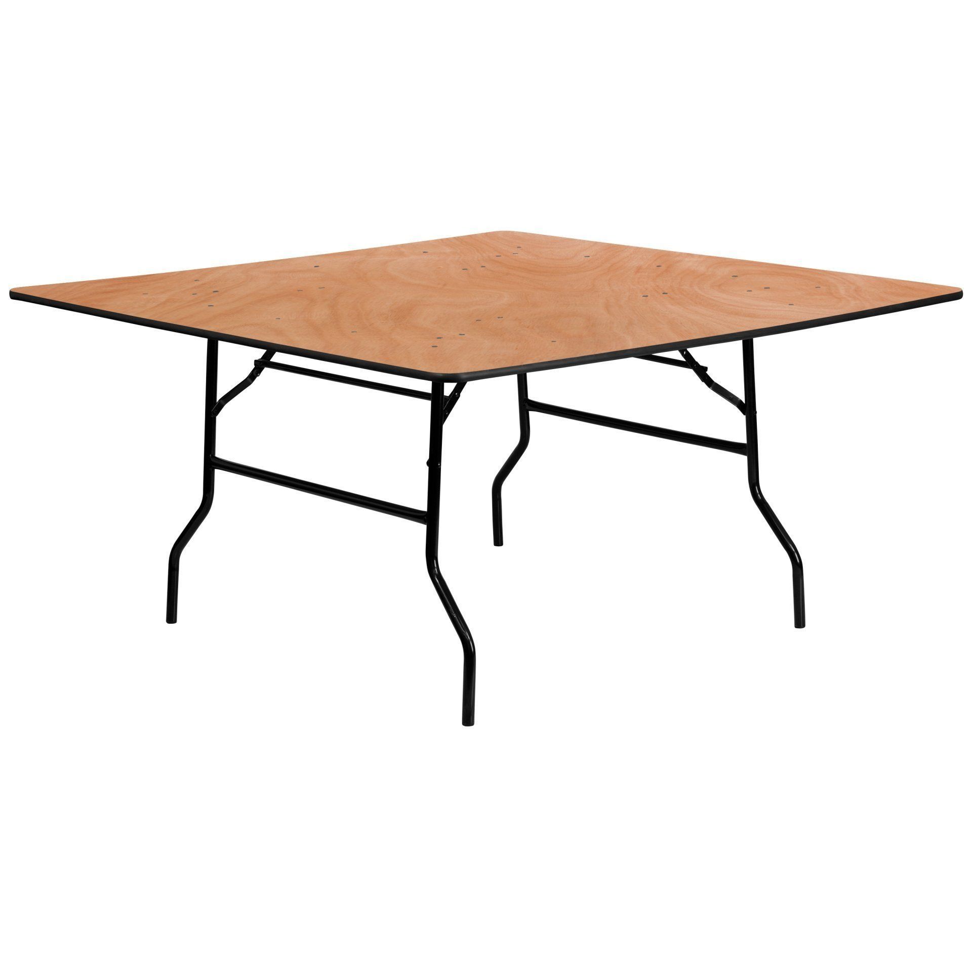 Square wooden folding table with black metal legs.