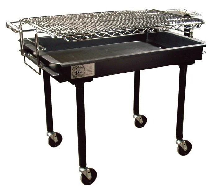 Black portable charcoal grill with chrome grates and wheels.