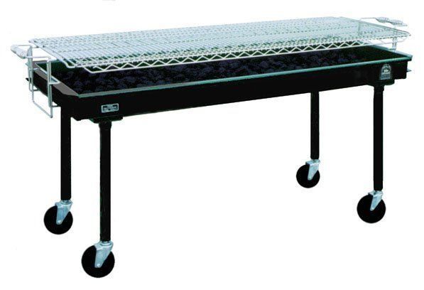 Black charcoal grill on wheels with cooking grate.