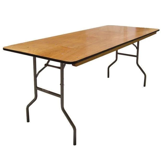 Wooden rectangular folding table with black metal legs.