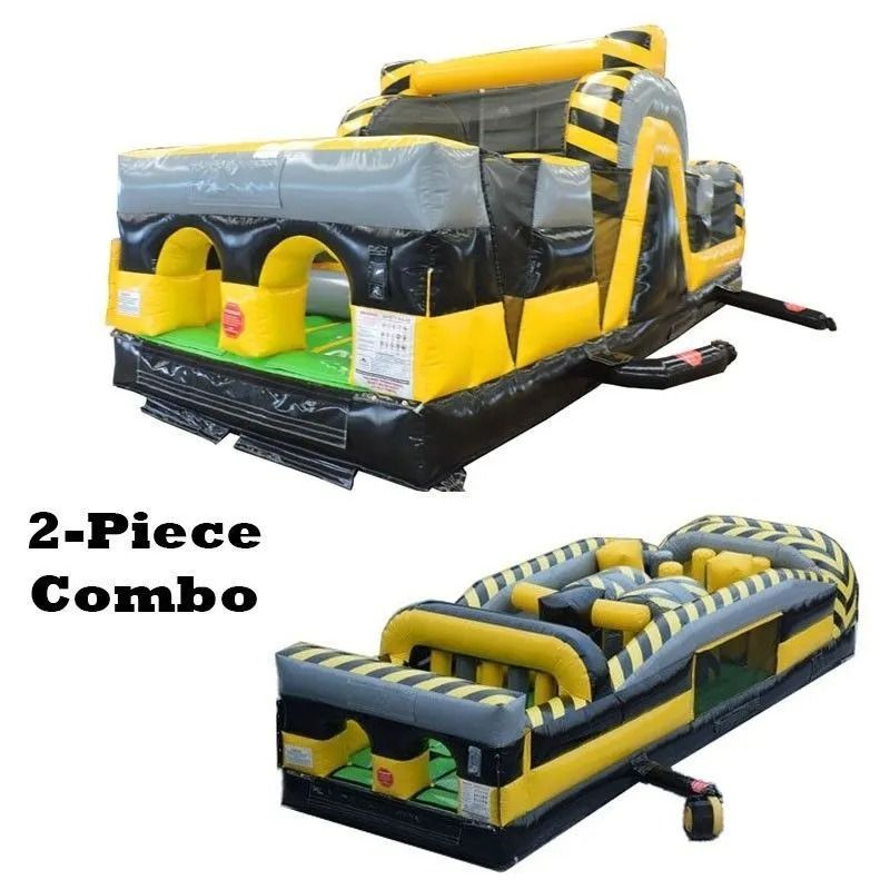 Two-piece inflatable construction-themed obstacle course with yellow, black, and gray detailing.